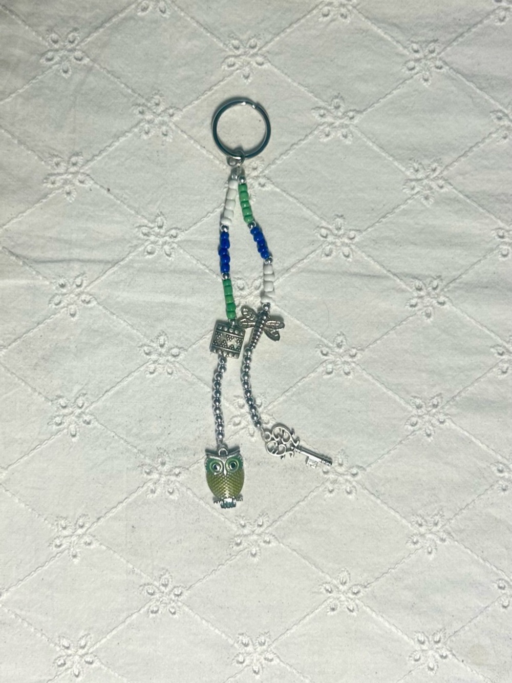 Beaded Owl Keychain with Charm Trio - Green & Blue